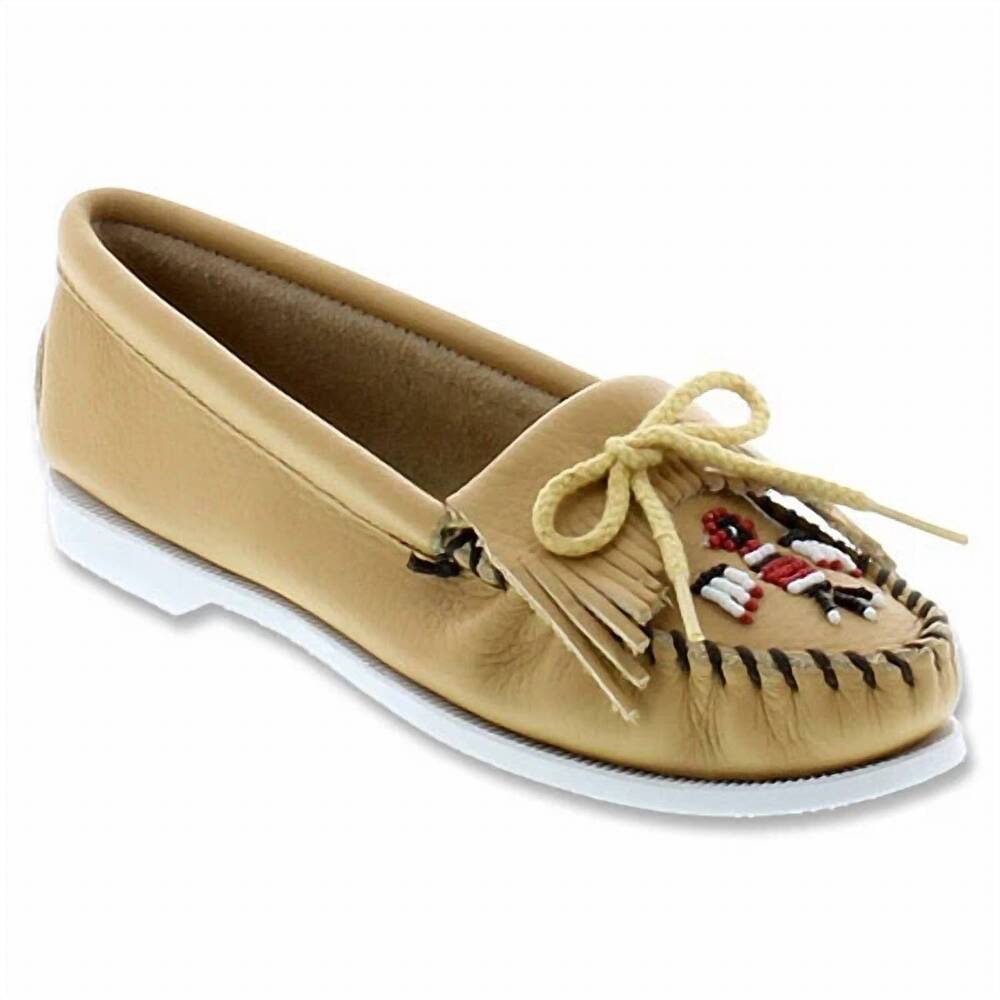 NEW MINNETONKA women's thunderbird boat moccasins in natural smooth leather